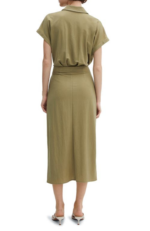 Mango Ruched Front Slinky Midi Dress In Bright Pink In Khaki Green