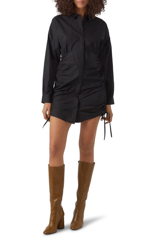 Shop Vero Moda Cilla Side Ruched Long Sleeve Cotton Shirtdress In Black
