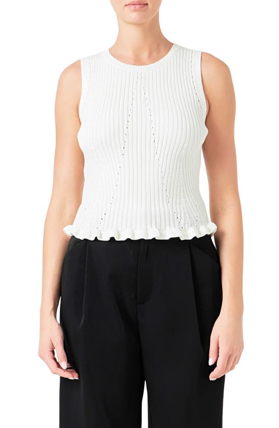 Shop Endless Rose Frill Detail Rib Sleeveless Knit Top In Off White