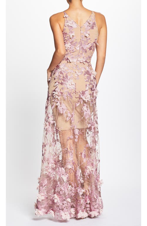 Shop Dress The Population Sidney Deep V-neck 3d Lace Gown In Lilac/nude