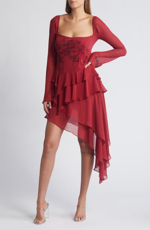 Mistress Rocks Ruby Crystal Ruffle Long Sleeve Georgette Dress Blood Red at Nordstrom,