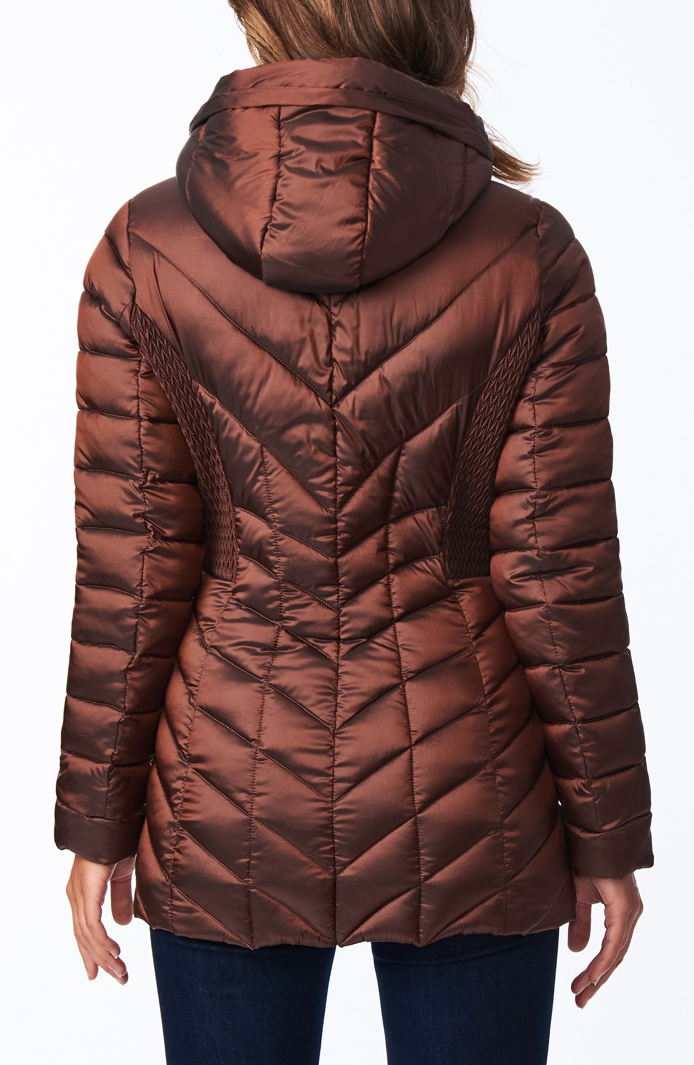 Bernardo EcoPlume Hooded Packable Jacket, Size Small, Espresso