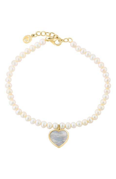 14K Gold Freshwater Pearl Mother of Pearl Heart Bracelet