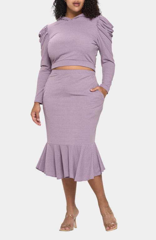 Shop L I V D Carmen Rib Hooded Crop Top & Skirt In Purple Ash