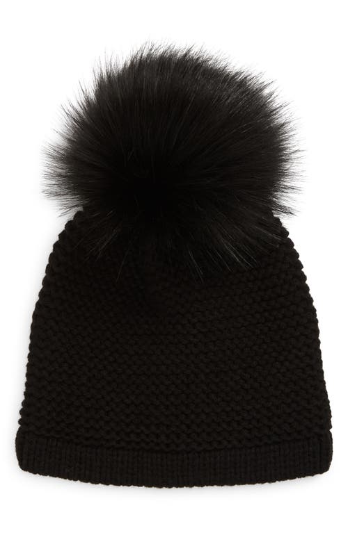 Wool Blend Beanie with Faux Fur Pompom in Black/Black