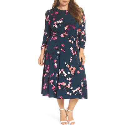 Plus Size Eliza J Floral Print Midi Dress, Green