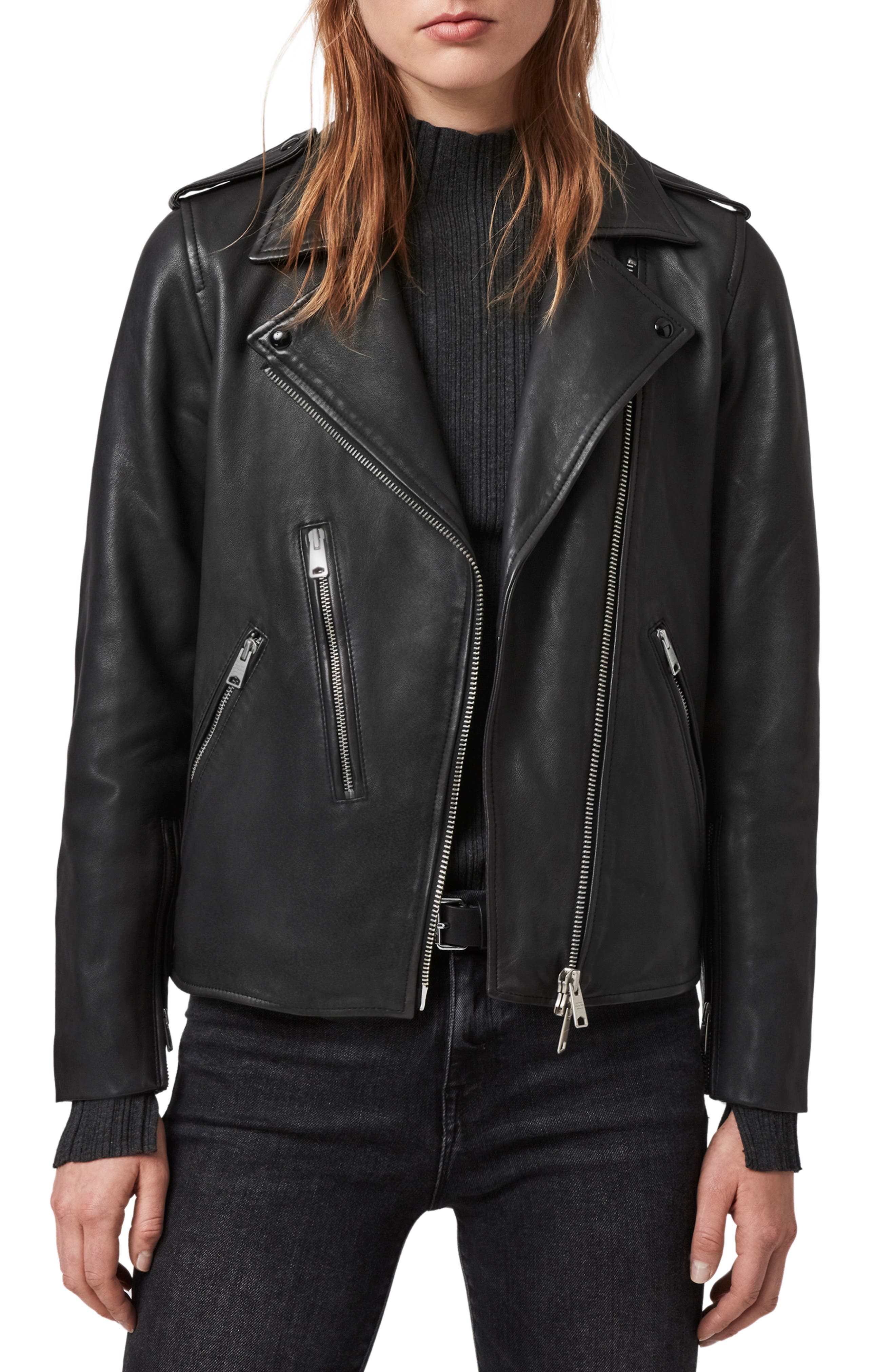 Allsaints Elva Lambskin Leather Biker Jacket In Black | ModeSens