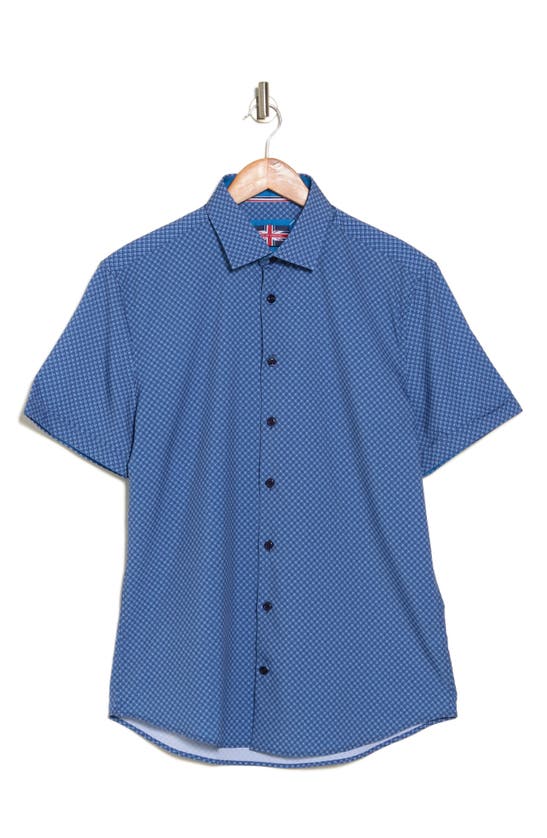Soul Of London Microprint Short Sleeve Performance Button-up Shirt In Blue