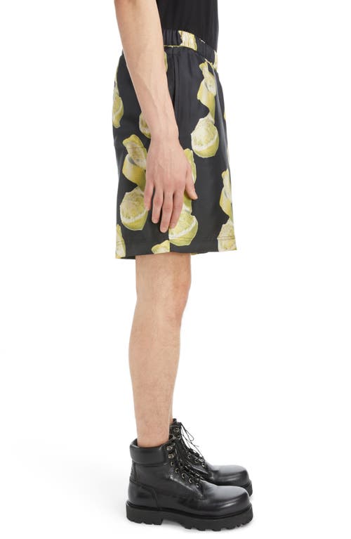 Shop Givenchy Formal Lemon Print Elastic Waist Silk Shorts In Black/yellow