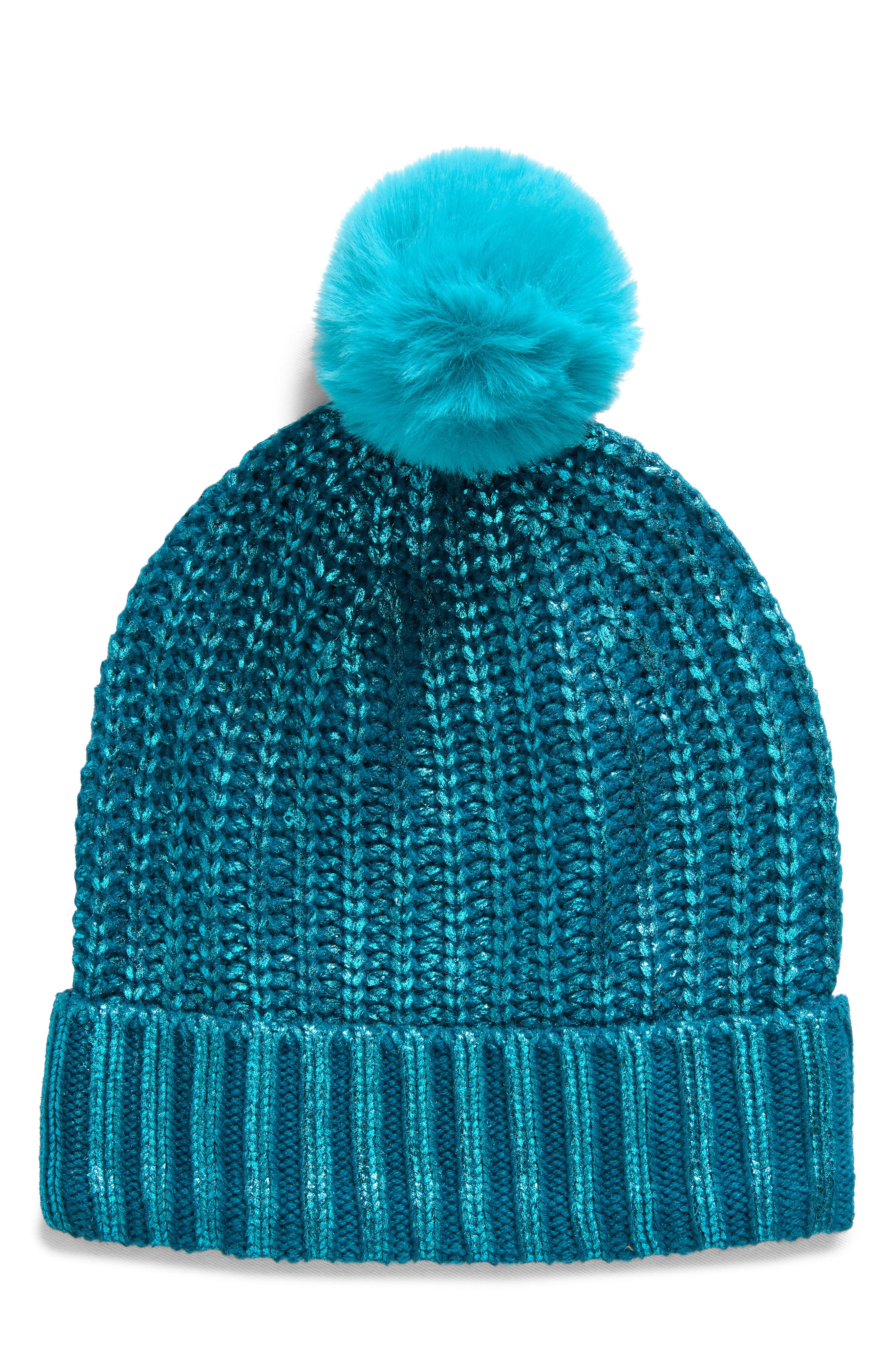 Freshman Metallic Foil Beanie with Faux Fur Pompom in Aqua 