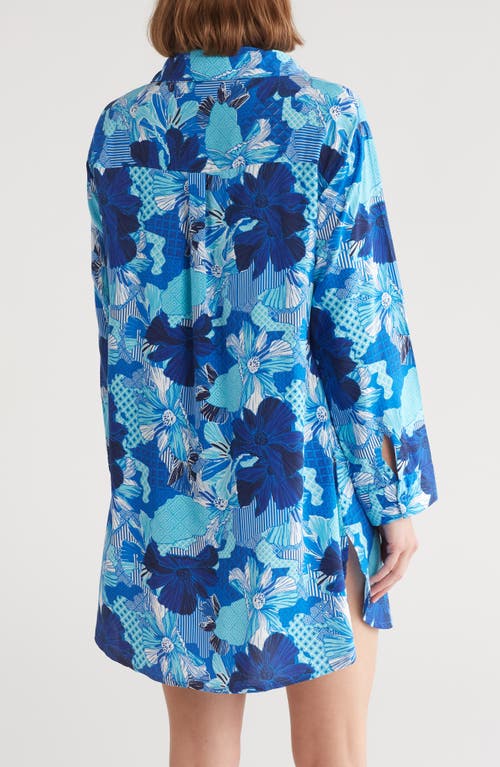 Boho Me Floral Print Button-up Cover-up Shirt In Blue Patch