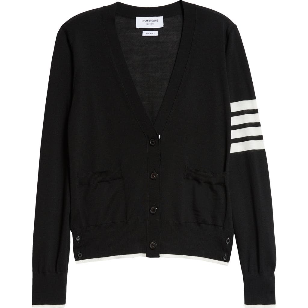 Thom Browne Navy Wool 4-bar Relaxed V-neck Cardigan In Black