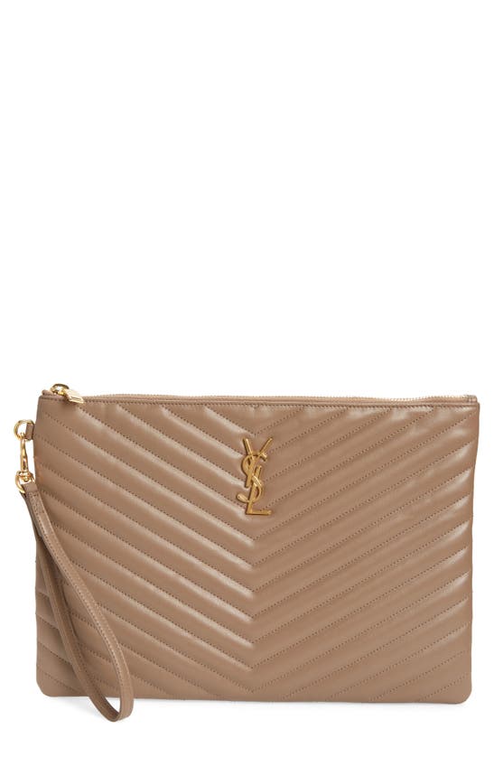 Saint Laurent Ysl Monogram Matelassé Leather Tablet Pouch In Taupe