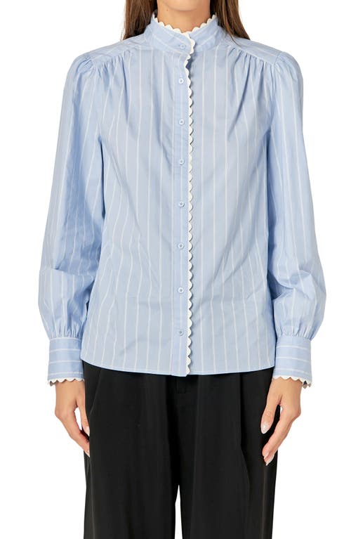 English Factory Stripe Scallop Trim Cotton Poplin Button-up Shirt In Powder Blue/offwhite