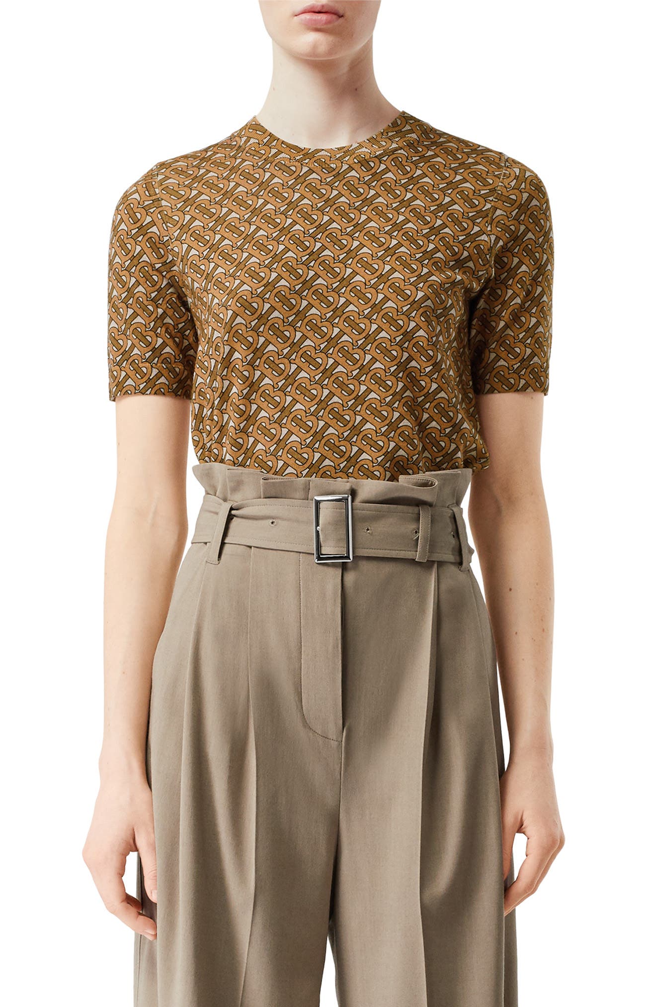 Burberry Logo Short Sleeve Merino Wool Sweater, Beige
