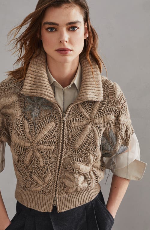 Shop Brunello Cucinelli Handmade Flower Crochet Opera Cardigan In Brown