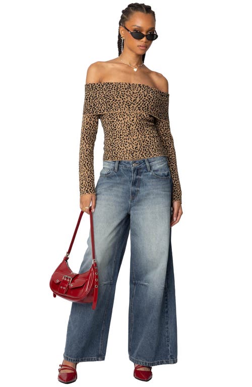 Shop Edikted Leopard Print Fold Over Off The Shoulder Knit Top