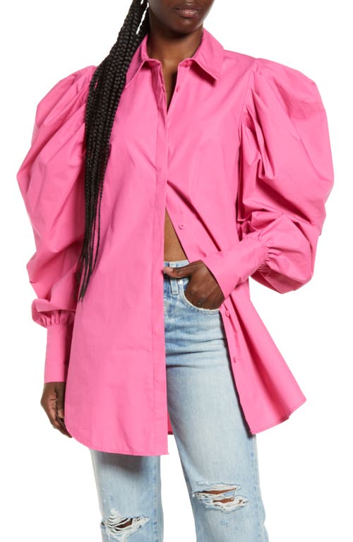 ASOS DESIGN Puff Sleeve Button-Up Shirt in Bright Pink