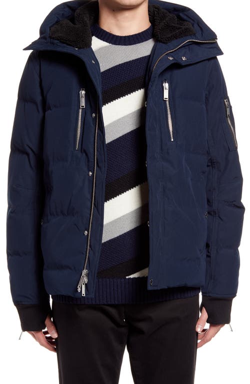 Karl Lagerfeld Paris Mid Length Down & Feather Jacket with Faux Shearling Lining in Navy