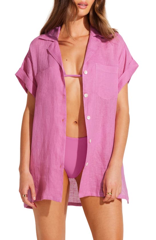 Shop Vitamin A Playa Pocket Linen Cover-up Button-up Shirt In Bubblegum Eco Linen