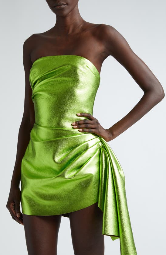 Shop Laquan Smith Asymmetric Pleated Strapless Leather Cocktail Dress In Lime