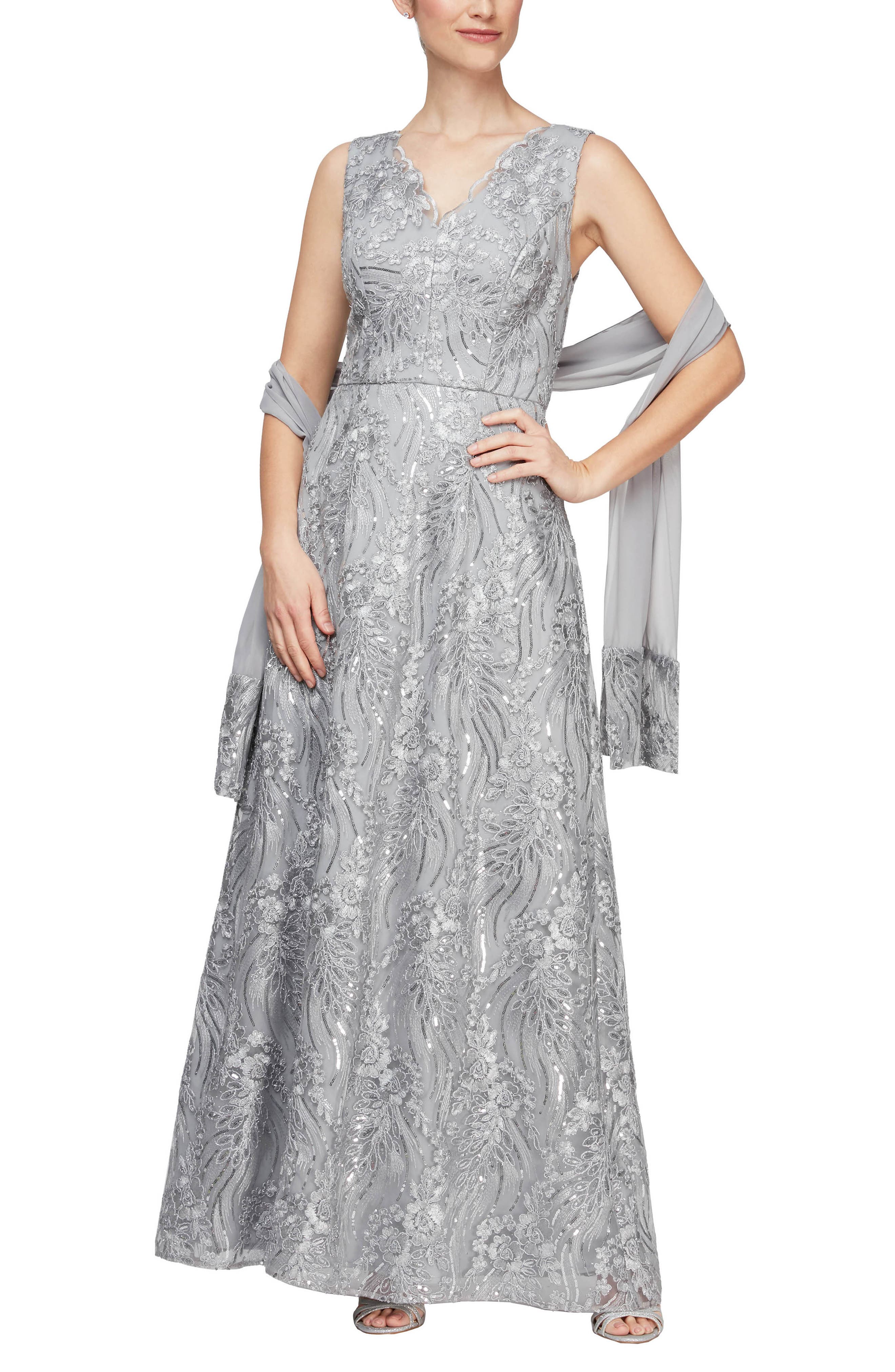 ALEX EVENINGS EMBROIDERED SLEEVELESS GOWN WITH SHAWL,884002982034