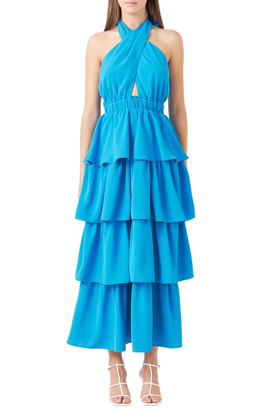 Shop Endless Rose Tiered Halter Maxi Dress In Blue