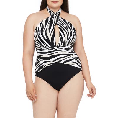 Plus Size La Blanca Zebra Print Wrap Front One-Piece Swimsuit, Black