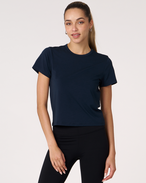 Rebody Active Rebody Essentials Short Sleeve Crop Tee In Navy