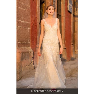 Watters Aiko Embroidered Silk Organza Trumpet Gown, Size - Ivory