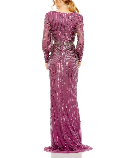 Mac Duggal Sequined Wrap Over Bishop Sleeve Gown In Raspberry