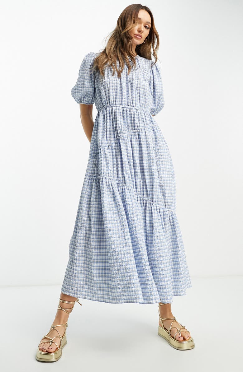 ASOS DESIGN Check Tiered Puff Sleeve Dress | Nordstrom