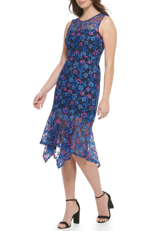 Shop Kensie Floral Embroidered Sleeveless Midi Dress In Navy/fuschia