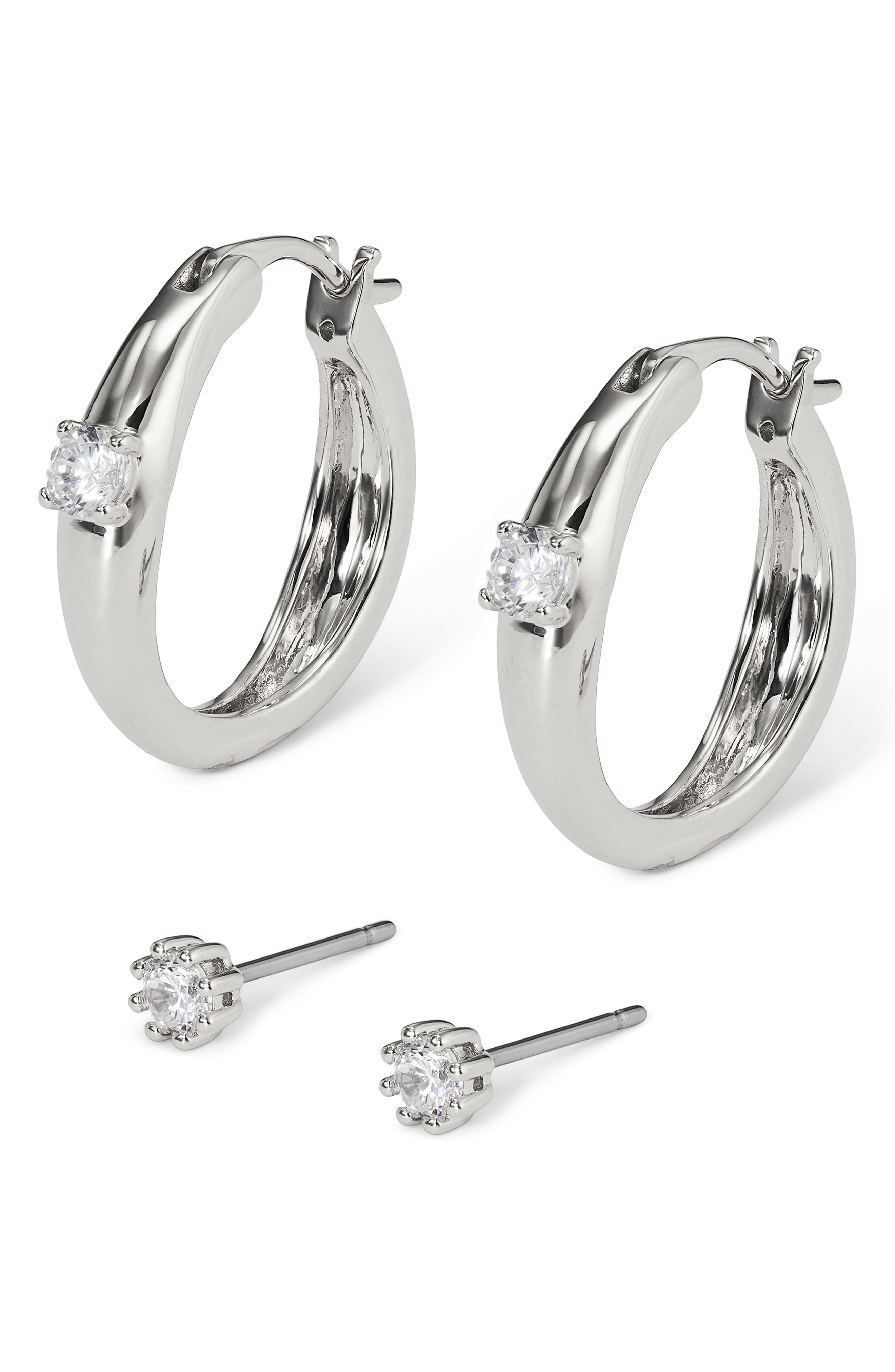 Nadri Cubic Zirconia Hoop & Stud Earrings Set in Rhodium Cover