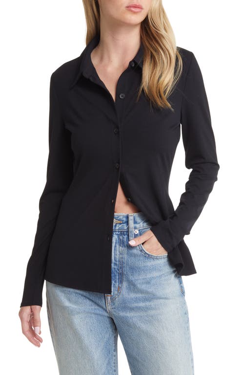 Open Edit Stretch Knit Button-Up Shirt in Black