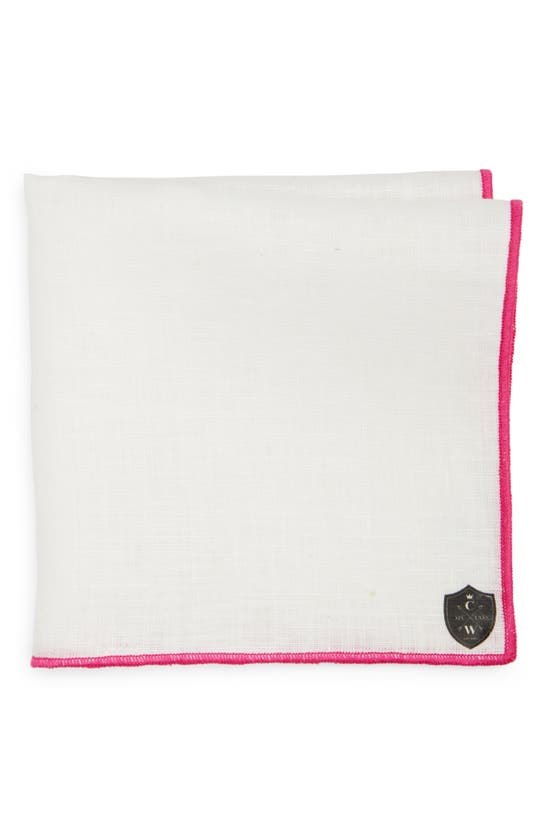 Clifton Wilson White Linen Pocket Square With Fuchsia Trim In Fuchsia