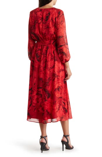 Bebe Printed Wrap Midi Dress In Red Multi