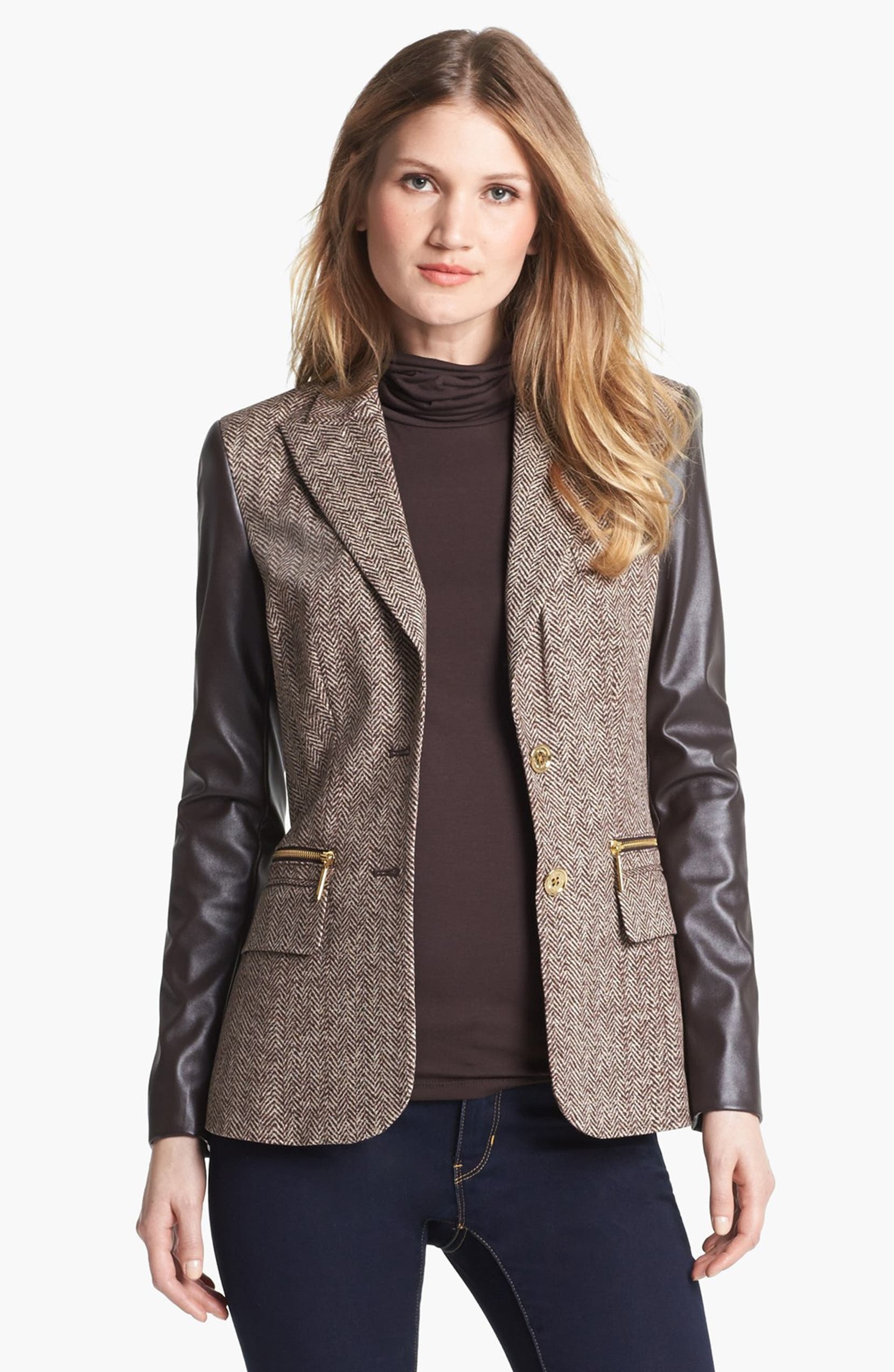 Faux Leather Sleeve Tweed Blazer
