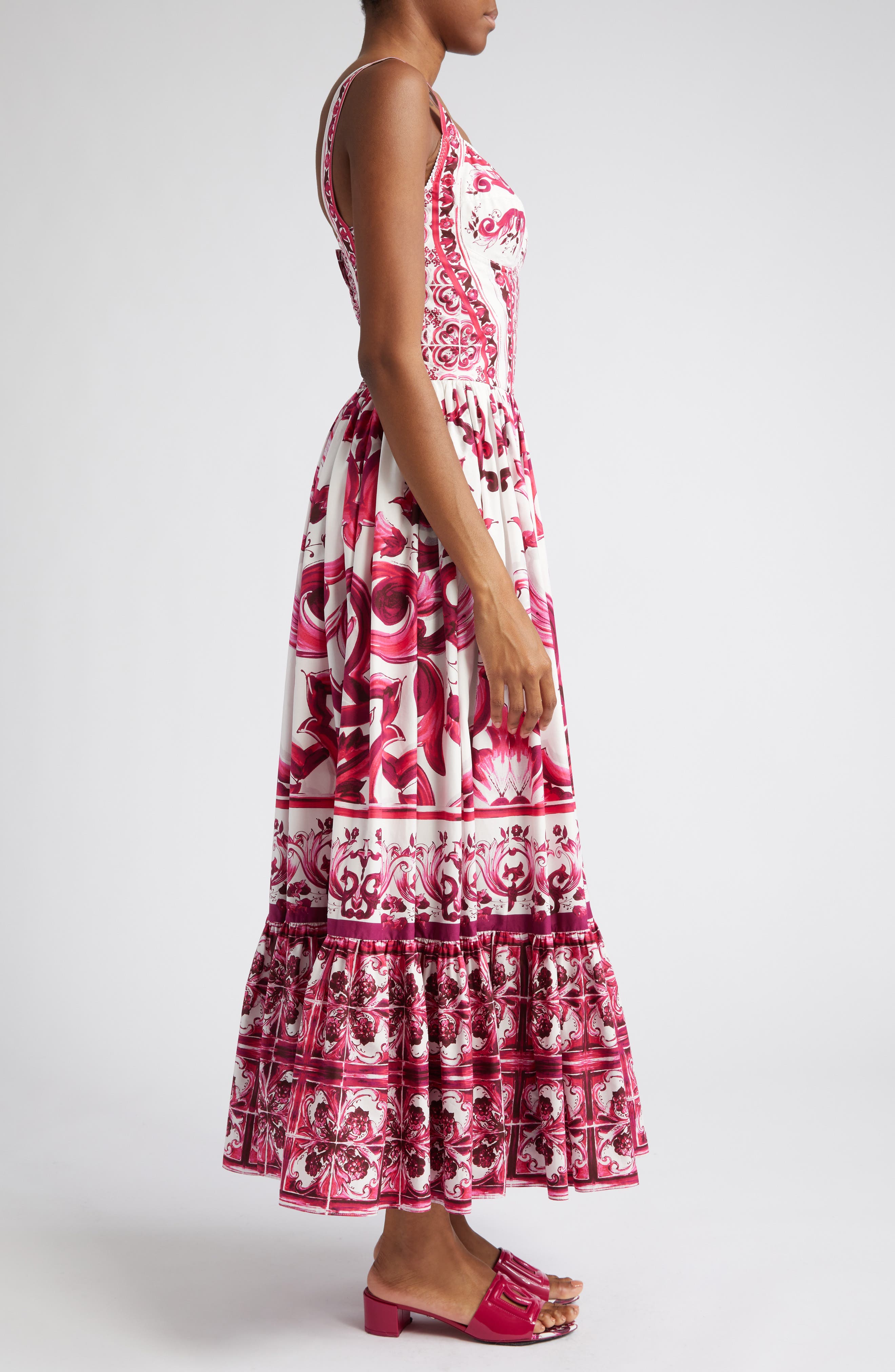 Dolce & Gabbana, Majolica-print Cotton-poplin Maxi Dress, Womens, Pink  White