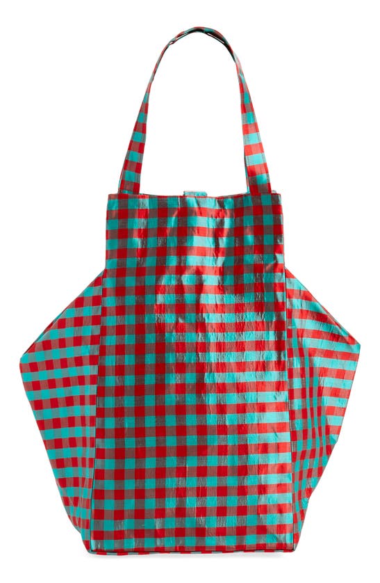Shop Coming Of Age Xl Everyday Gingham Silk Taffeta Tote In Gingham Red Turquoise