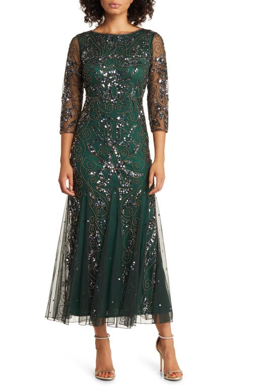 Illusion Sleeve Beaded A-Line Gown in Hunter 346