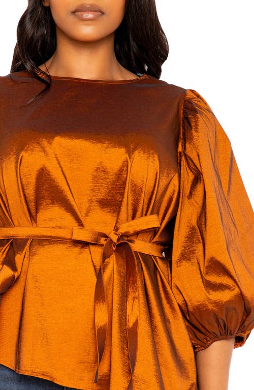 Buxom Couture Tie Waist Voluminous Elbow Sleeve Taffeta Peplum Top In Rust