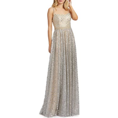 MAC Duggal A-Line Metallic Lattice Gown, Beige