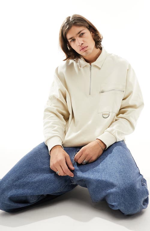 ASOS DESIGN Oversize Half Zip Cotton Sweatshirt in Beige at Nordstrom, Size Medium