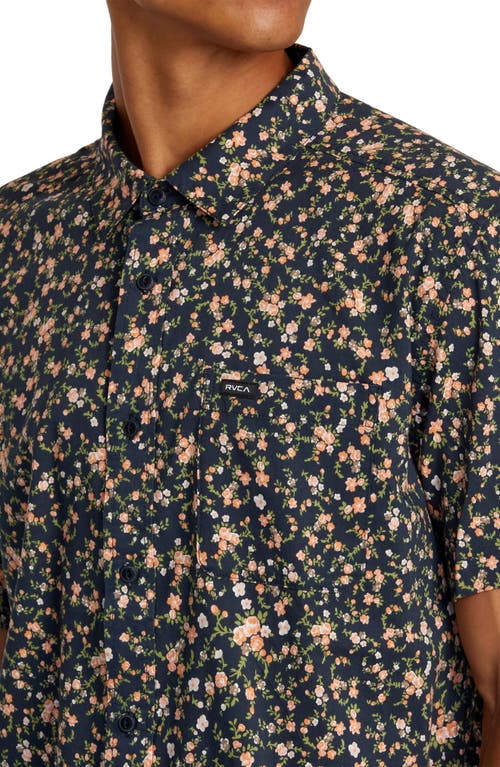 Shop Rvca Botanical Print Short Sleeve Button-up Shirt In Navy Marine