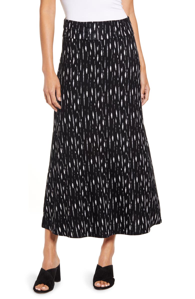 LOVEAPPELLA Roll Top Print Maxi Skirt, Main, color, BLACK/ IVORY