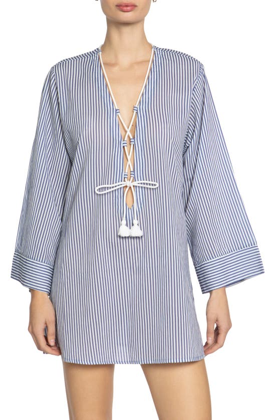 Shop Robin Piccone Harper Lace Up Cotton Cover-up Tunic In Blue