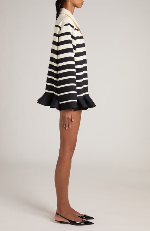 Shop Valentino Garavani Stripe Flounce Hem Long Sleeve Crepe Couture Dress In Avorio/navy