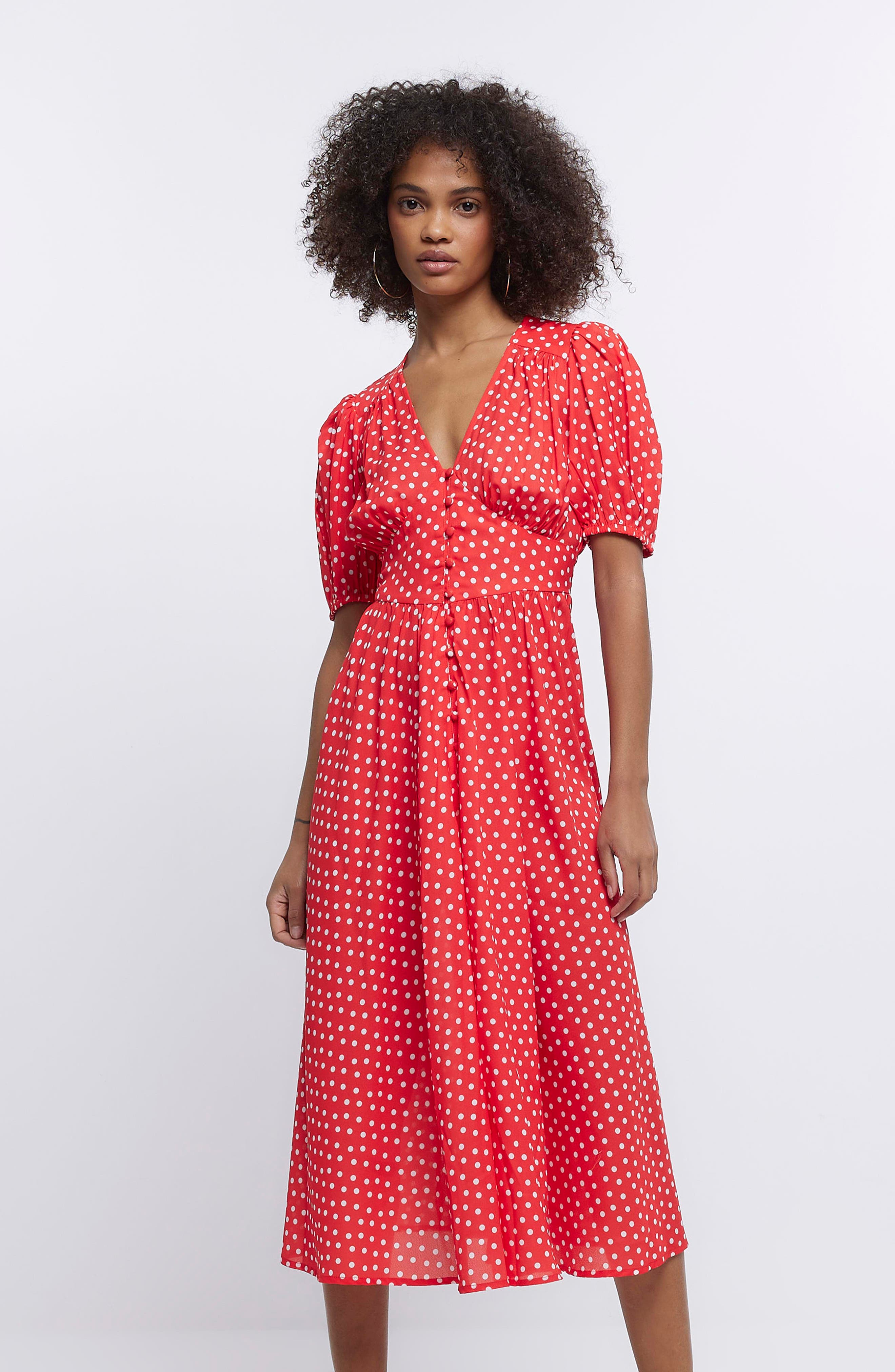 red polka dot button down dress Women Red Polka Dots Button Down Shirt Dress|UAE