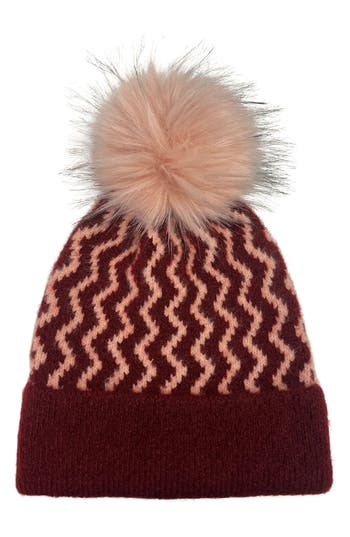 Marcus Adler Zig Zag Faux Fur Pompom Beanie In Burgundy